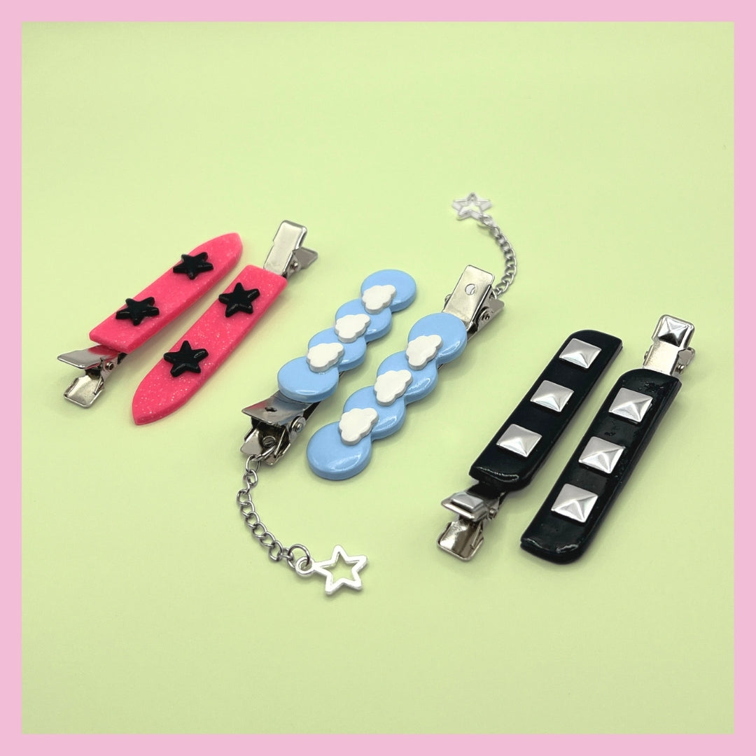vibrant and nostalgic creaseless hair clips, stars, clouds, studs